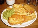 Fish, chips, mushy peas and a Spam fritter.