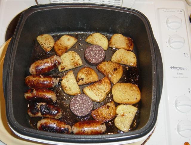 Sausage, black pudding and saute potatoes.
