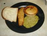 More of a Northern favourite, fish, meat and potato pie and mushy peas. What? No gravy?