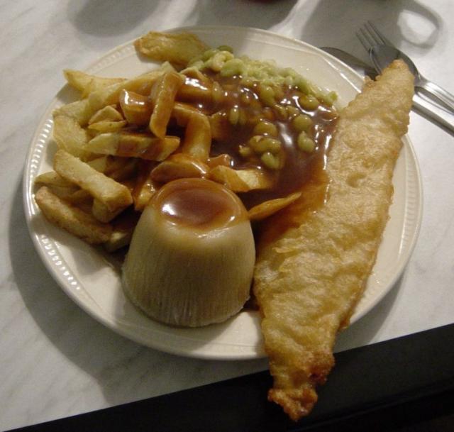 My favourite... Fish, chips, proper northern mushy peas, a steak and kidney pudding ... All covered in gravy, (Northern peas are