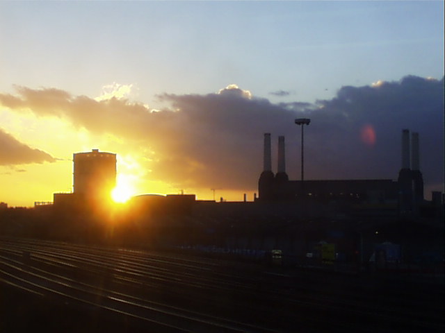 Battersea Power Station at sunset.